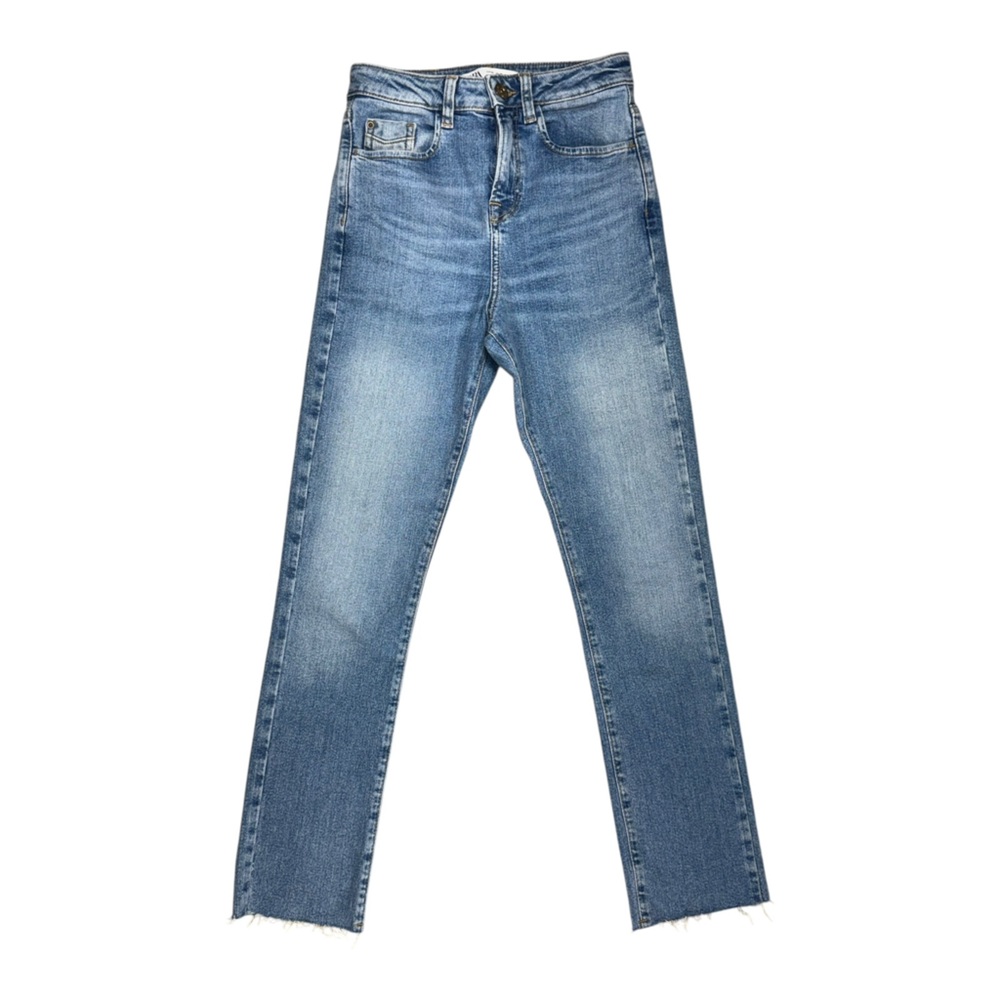 ZARA Denim Raw Hem Skinny Jeans 00 Mid-Wash Ankle Cutoff